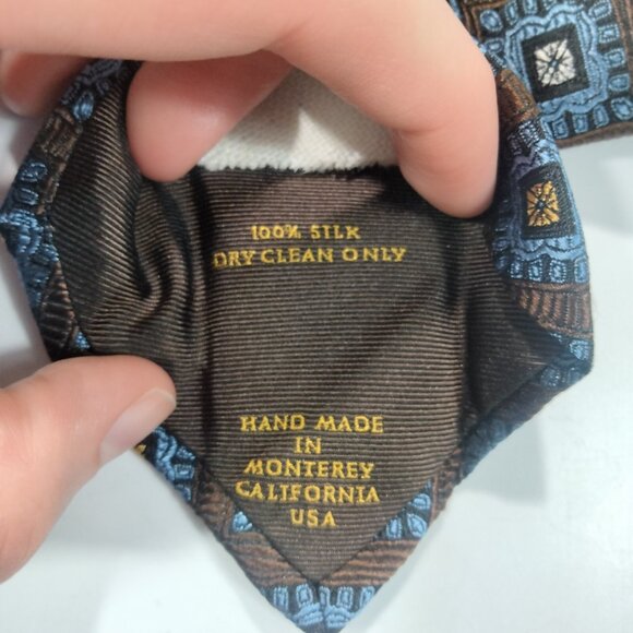 Robert Talbott Best Of Class 100% Silk Tie Geometric Squares Brown Blue 58"x3.5" - Picture 3 of 3